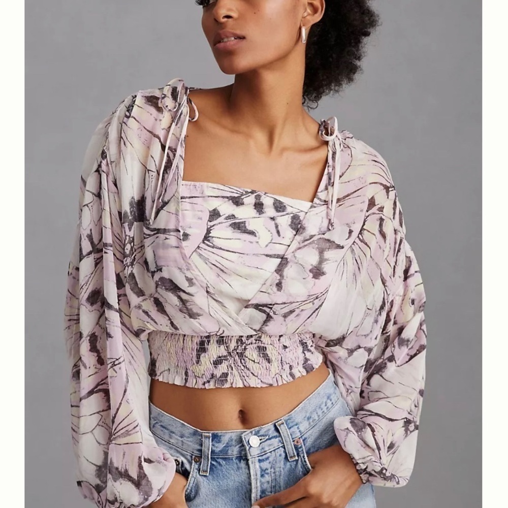 🆕 ANTHROPOLOGIE By Sheer Peasant Top Purple Motif Smocked Blouse - Picture 3 of 5